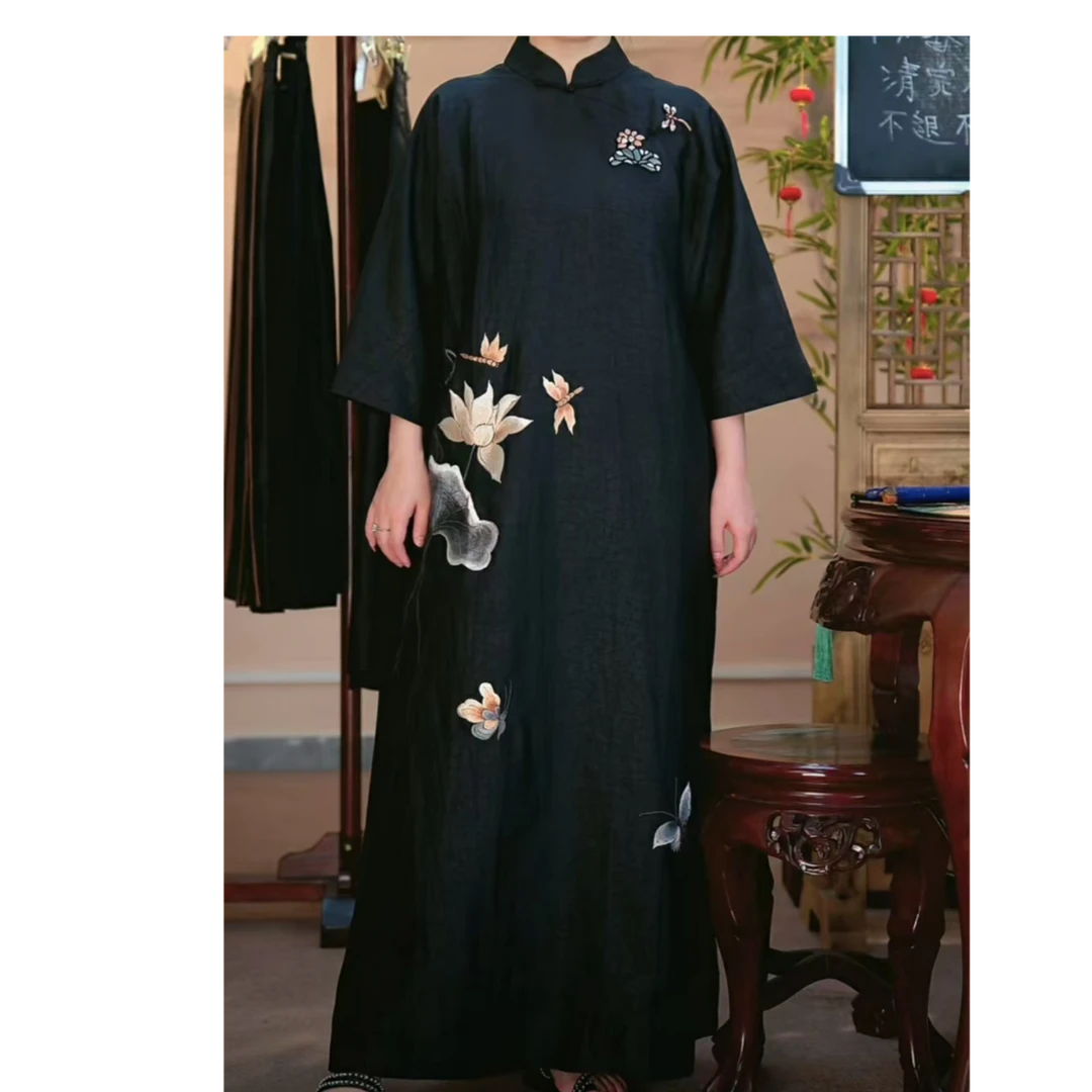 【宝陀霓裳】香云纱桑蚕丝手推绣荷花绣花气质太太服长袍