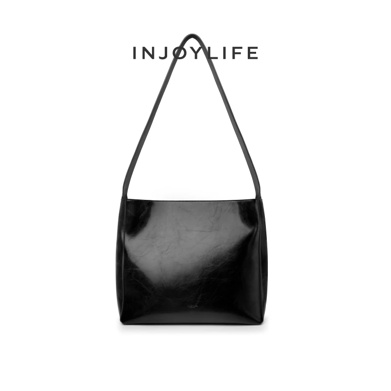INJOYLIFE油蜡托特包时尚百搭大容量单肩包黑色休闲宽肩带通勤包