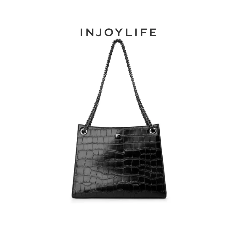 INJOYLIFE鳄鱼纹流浪包牛皮复古斜挎包2023新款黑色单肩包女包