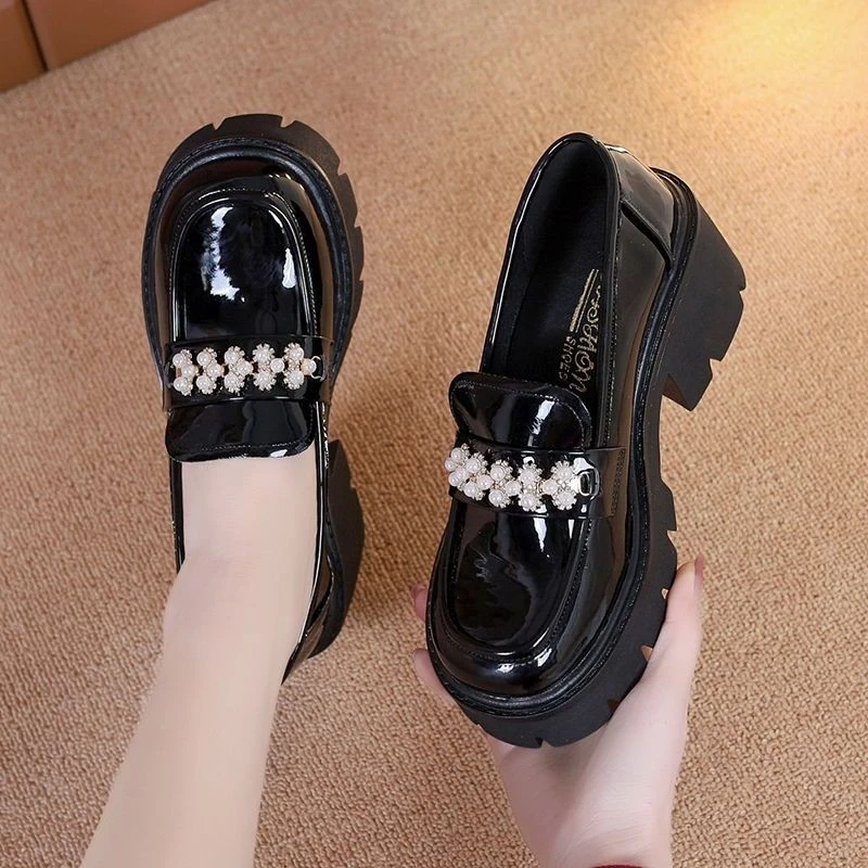 欧货粗跟厚底乐福鞋2024春季新款英伦风时尚百搭配裙子高跟小皮鞋