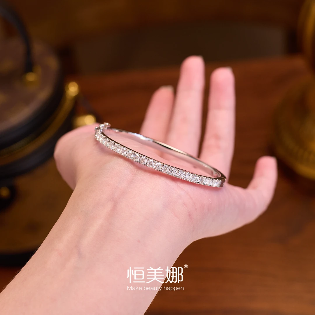 恒美娜 925银莫桑石手镯 满镶手镯气质轻奢时尚百搭简约素圈个性