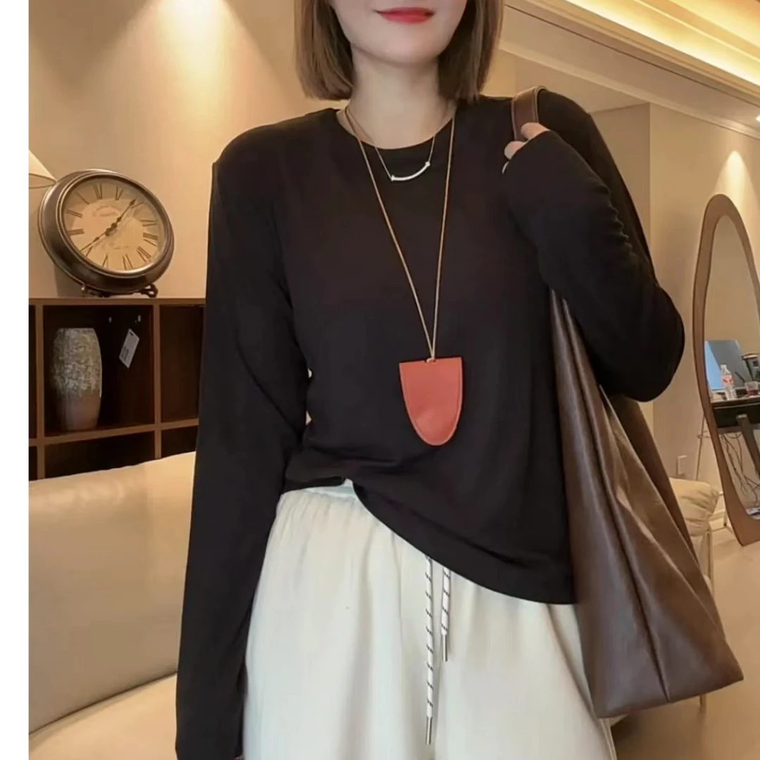 【秋意浓】高品质软糯 醋酸 绵羊毛圆领百搭显瘦长袖打底衫秋季