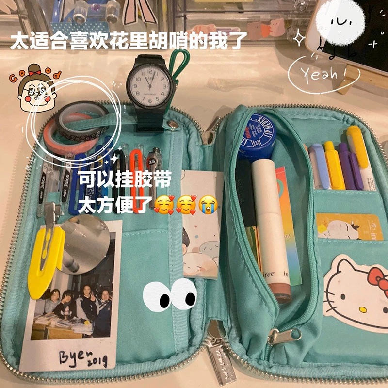 国誉网红铅笔盒烧饼笔灯芯绒日式笔袋女简约学生用复古网红多功能