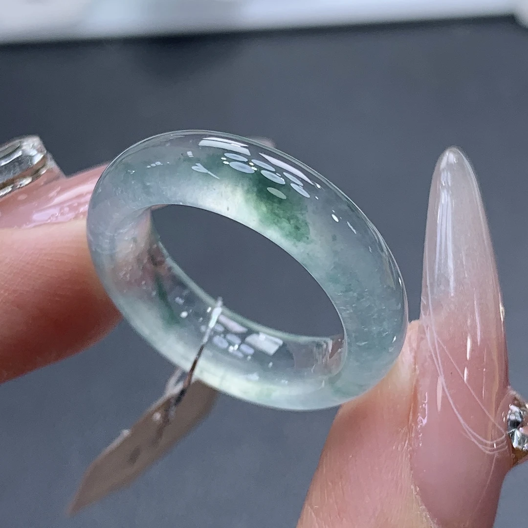 11圈口 缅甸天然翡翠 木纳玻璃种蓝钢飘花翡翠戒圈尺寸16-5.7-4mm