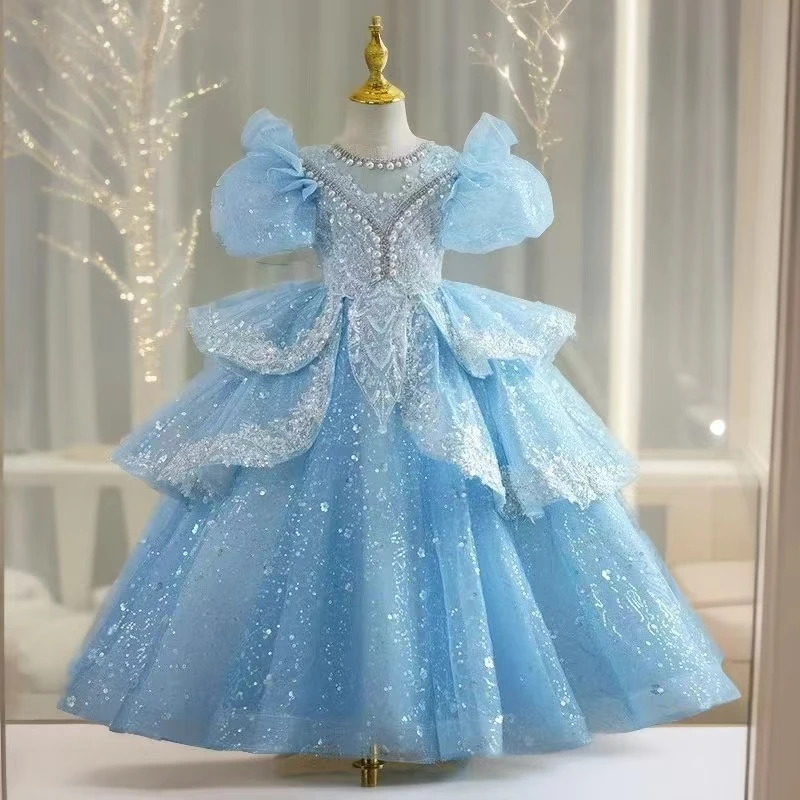 艾莎蓝色闪亮儿童礼服主持人T台走秀生日钢琴蓬蓬纱长裙 冰雪女王