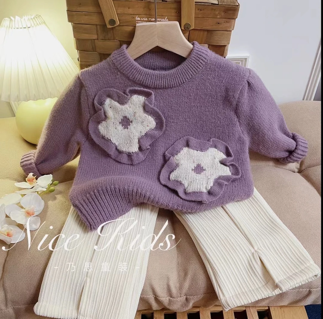 【毛衣+外套】秋冬季洋气女童宝宝棉服花朵棉衣外套加加绒毛衣