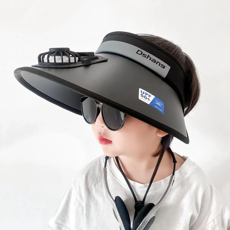 儿童防晒帽夏季男孩风扇帽大帽檐遮阳帽中大童空顶防紫外线太阳帽