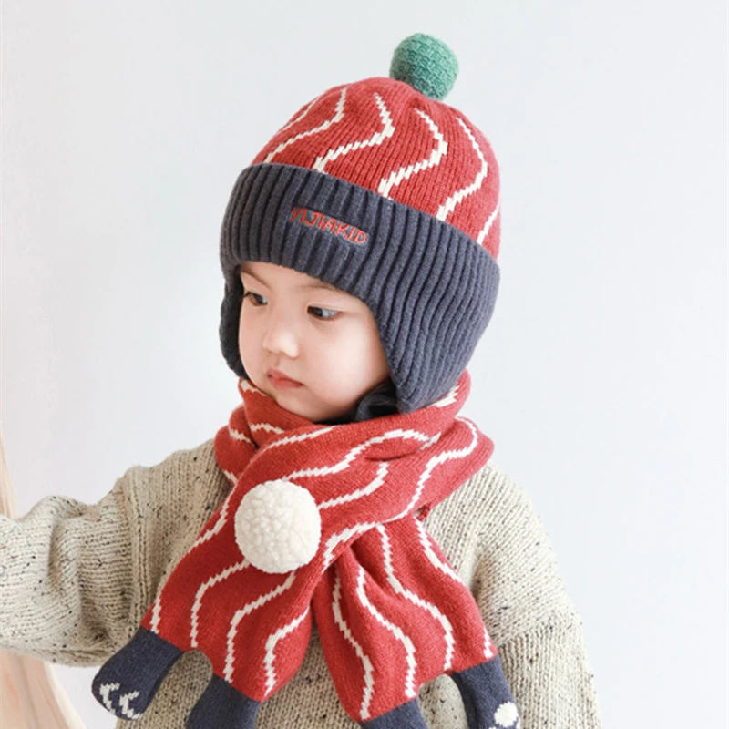宝宝帽子秋冬可爱婴儿毛线帽围巾套装冬天男女童帽保暖儿童套头帽