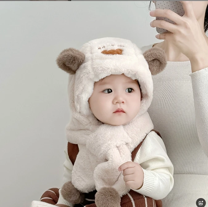 儿童帽子男女童冬季可爱小熊防风加厚毛绒帽宝宝围巾手套一体帽