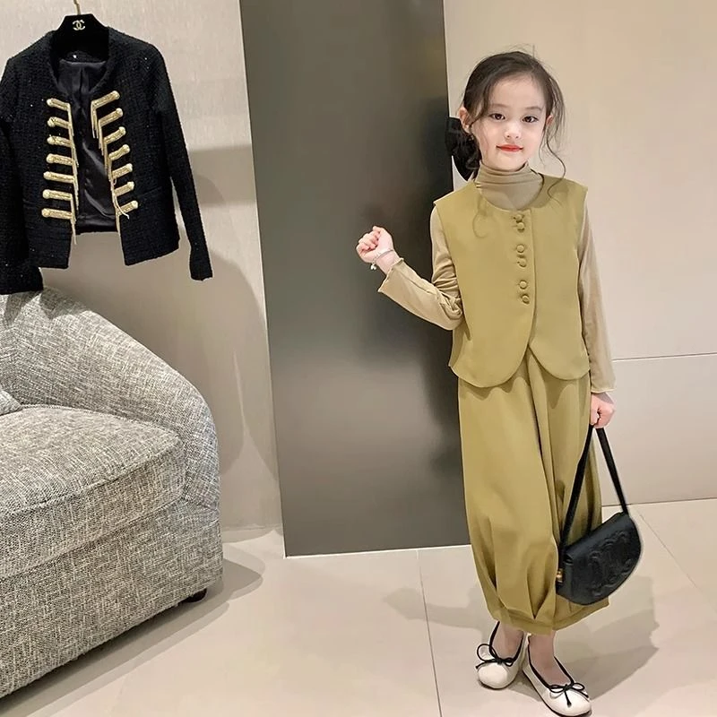 吧啦童装女童套装秋季2023新款时髦洋气儿童韩版马甲打底衫裤子M