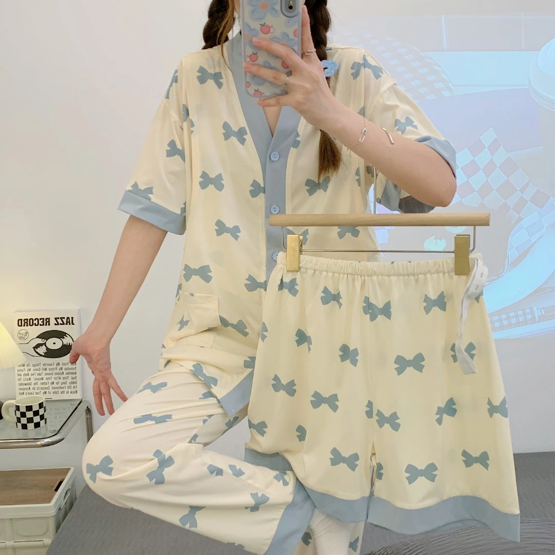 夏季休闲孕妇月子服短袖三件套可外穿冰丝高端家居服哺乳睡衣套装