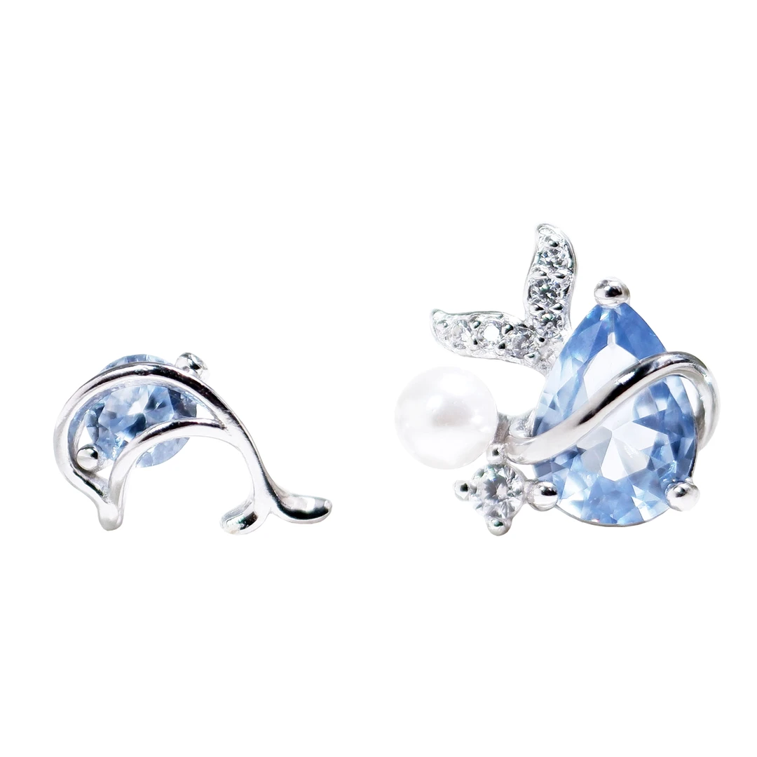 925银合成锆石耳饰 925银耳饰不规则纯银蓝色海豚耳钉珍珠耳饰