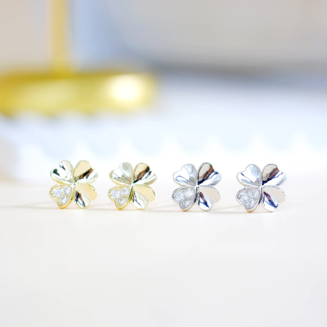 925银合成锆石耳饰 925银耳饰纯银幸运四叶草耳钉气质百搭耳饰