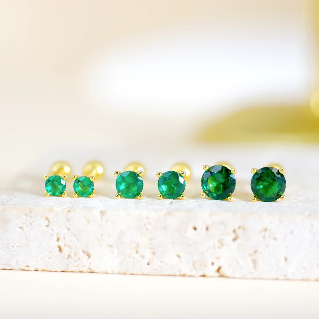 925银合成锆石耳饰 925银绿锆耳钉 几何简约金色螺丝拧珠耳骨钉
