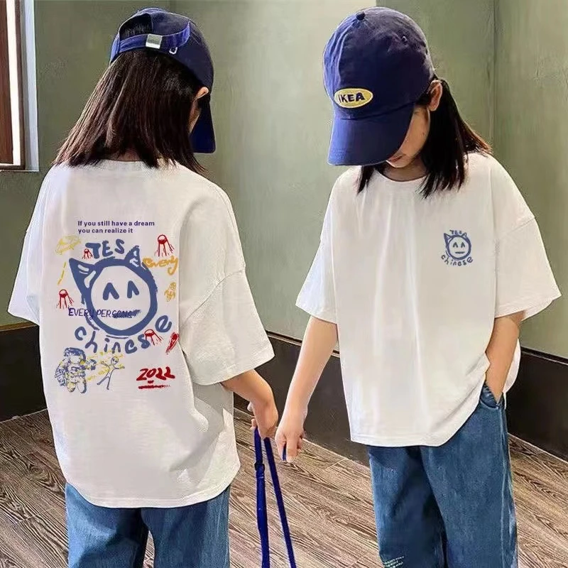 女童纯棉短袖t恤中大童夏季韩版印花上衣儿童帅气女孩宽松体恤衫