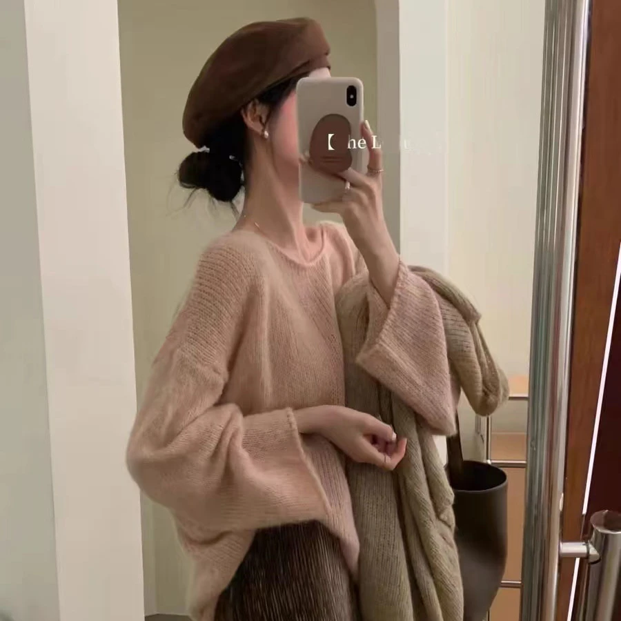 韩版小众慵懒风含羊毛针织上衣春季ins温柔外穿宽松毛衣内搭上衣