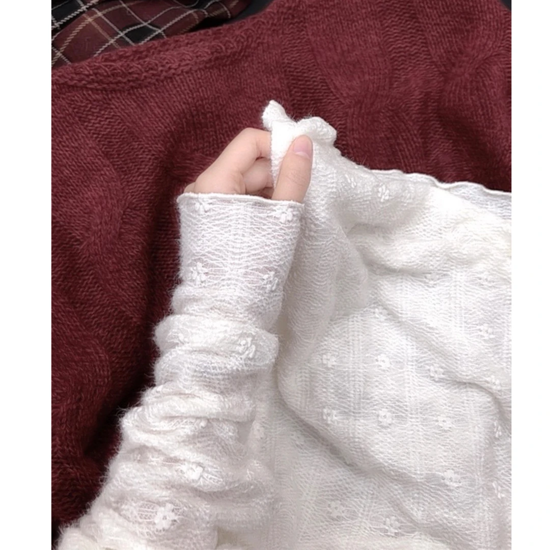 【蕾丝加绒小桂花】半高领花边针织打底衫女套头韩版内搭  OYS-8005