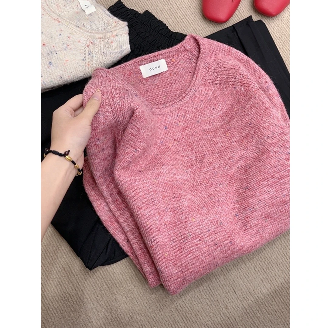 【卷边点子纱】圆领纯色花纱套头针织衫女宽松打底衫  UM-U928-04