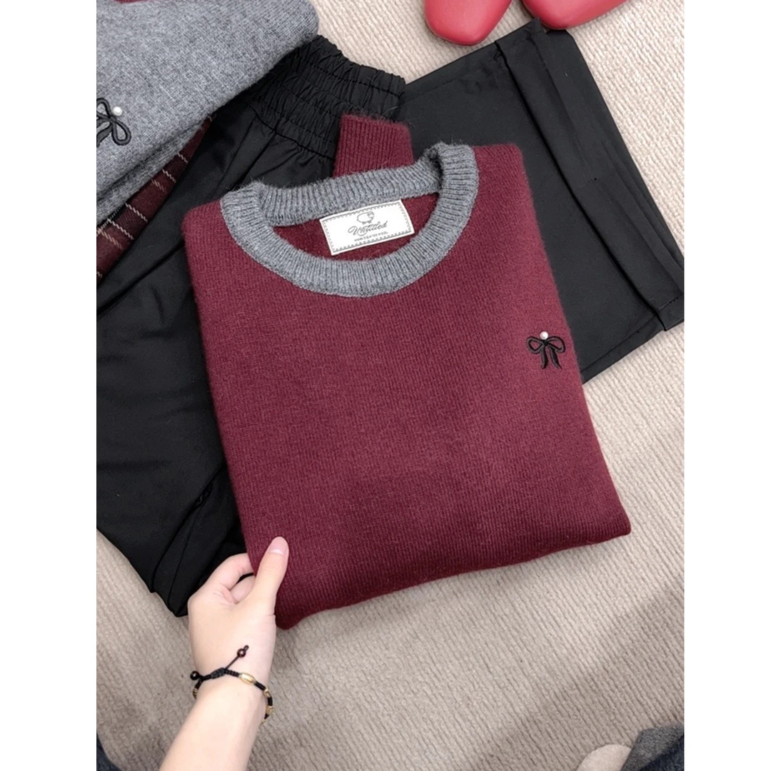 【蝴蝶结钉珠】圆领撞色针织套头女新款毛衣打底衫  HZ-015(清）