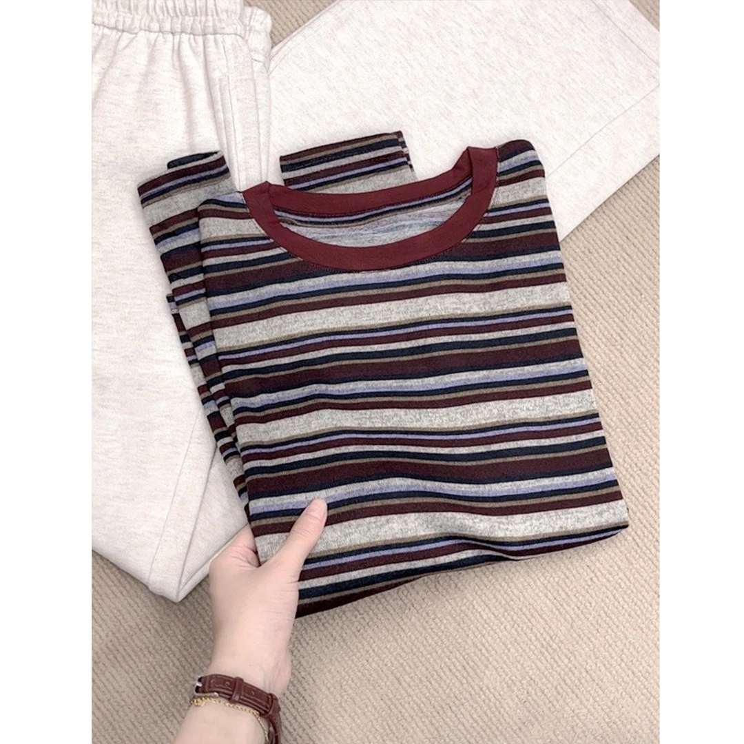 圆领条纹长袖套头针织衫女韩版宽松毛衣打底 LILI-6970