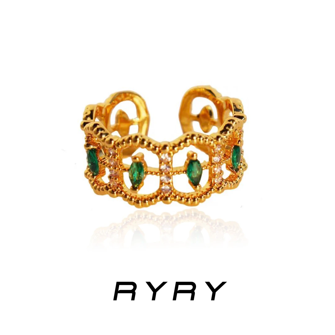 RYRY 铜合金戒指 轻奢气质大气编织简约法式绿色镶锆开口戒指