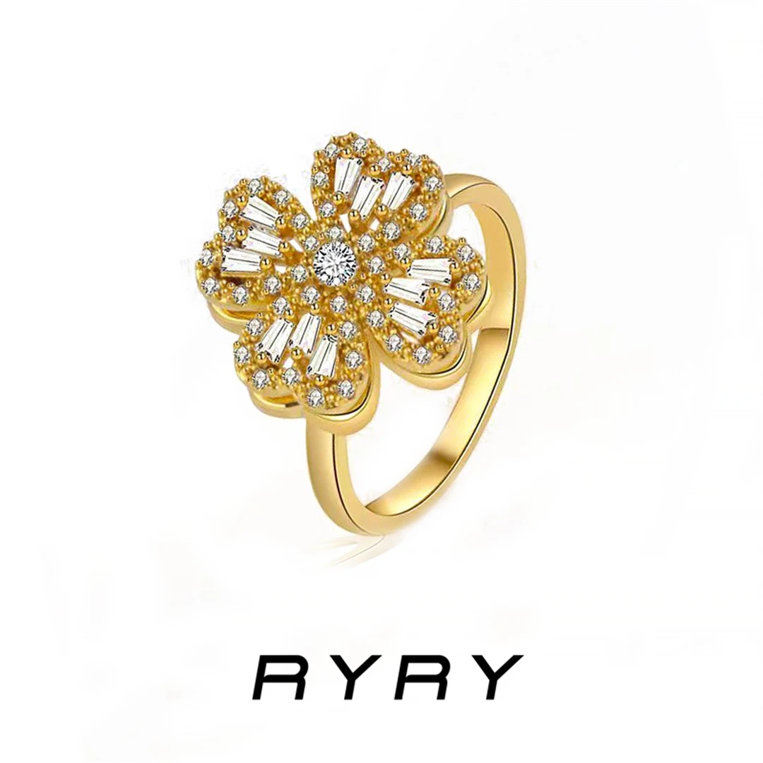 RYRY 铜合金戒指 可调节戒指旋转精致百搭气质金色四叶草戒指