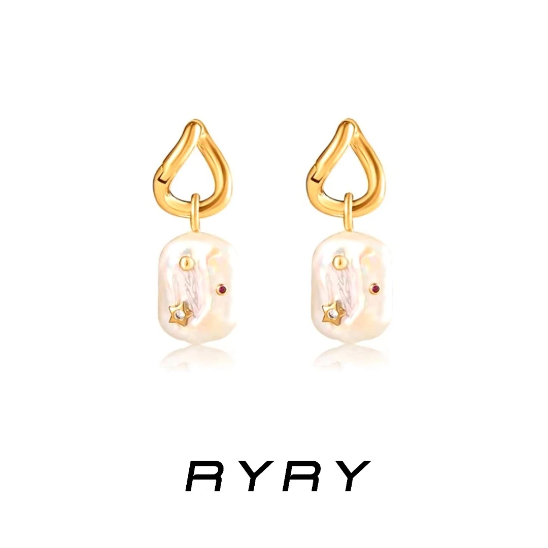 RYRY 铜合金耳饰 气质轻奢时尚百搭简约ins白色珠珠吊坠耳环