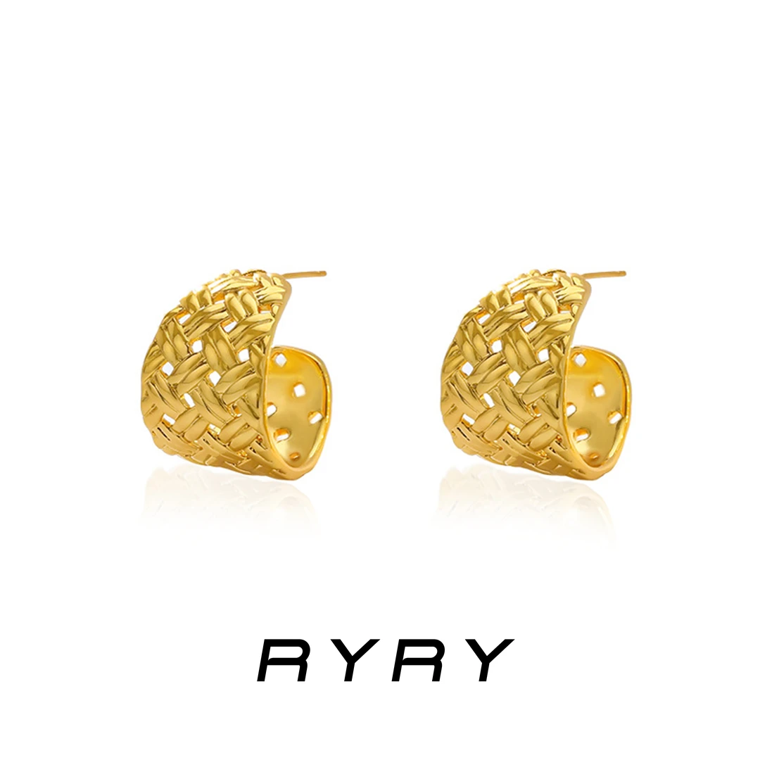 RYRY 铜合金耳饰 欧美风镂空设计感编织圆圈耳扣耳环ins耳圈潮