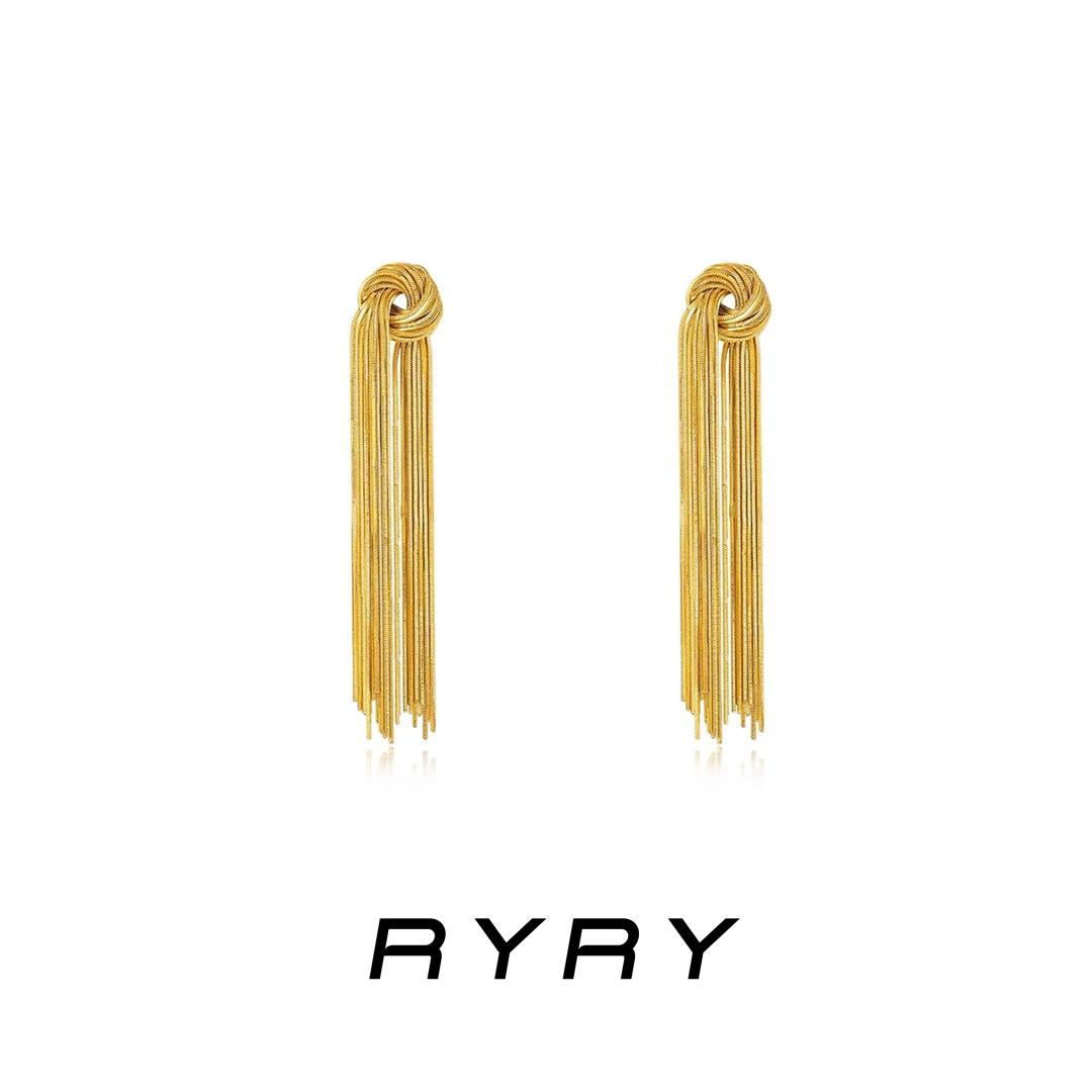 RYRY 铜合金耳饰 欧美复古时髦金色耳坠高级感打结镀长款流苏耳环