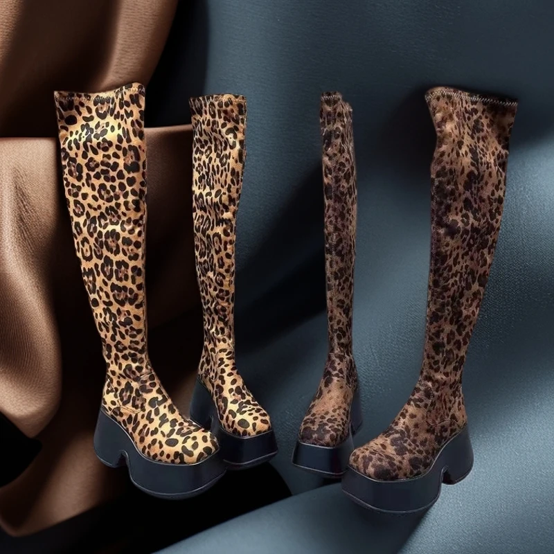 柚子有茗2024新款厚底增高10公分豹纹高筒过膝显瘦增高10公分长靴
