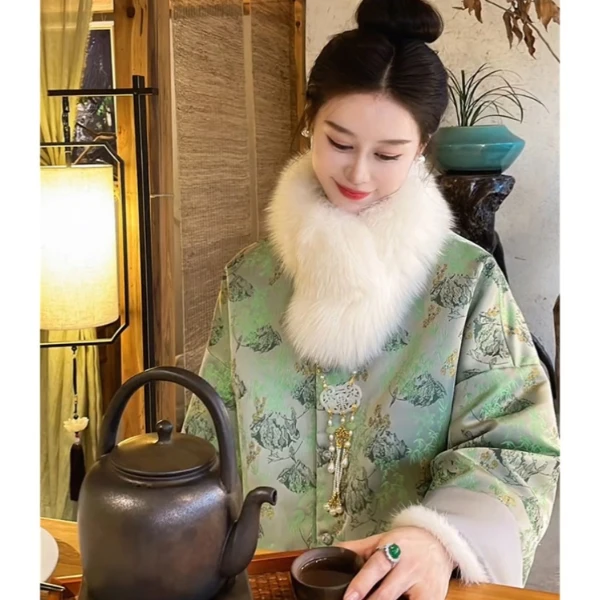 新中式绿色印花羽绒棉服外套女冬季复古唐装高端国风盘扣棉衣棉袄