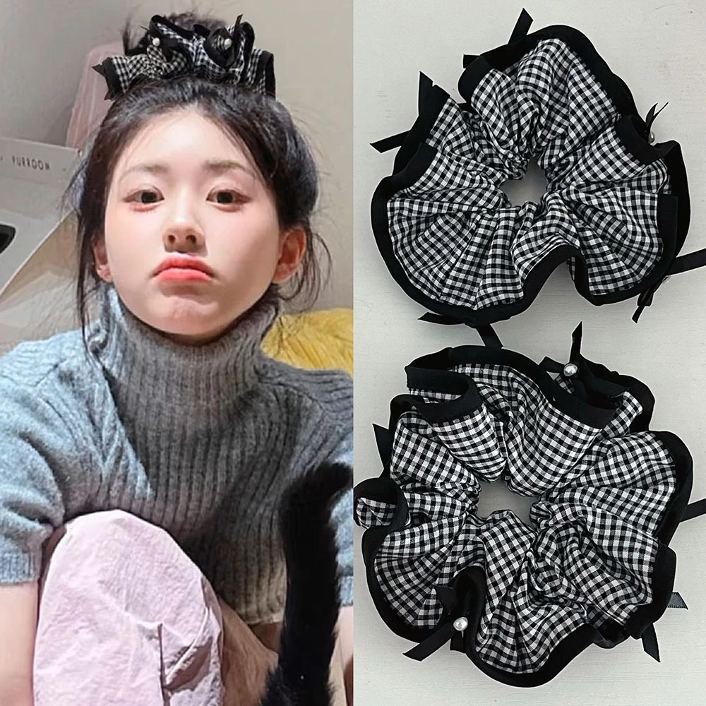 韩版甜美高级感新款珍珠蝴蝶结格纹布艺大肠发圈头饰百搭发饰