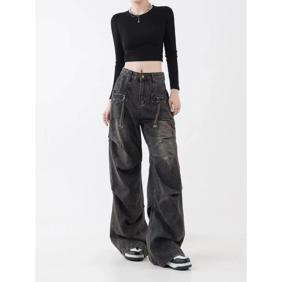 美式辣妹牛仔裤女2024秋季新款复古重工阔腿减龄高腰显瘦宽松裤子