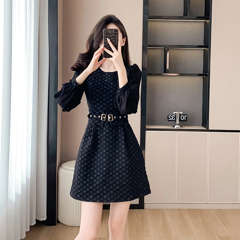 春夏新款名媛法式小香风女装连衣裙长袖提花感小个子显瘦小黑裙子