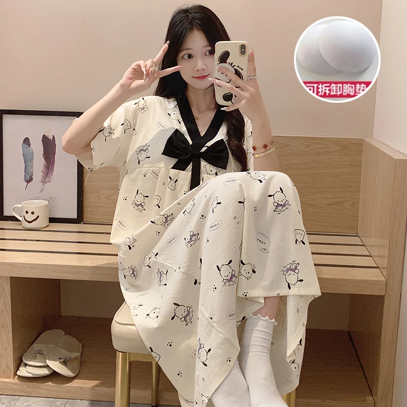 睡裙女夏季短袖薄款梭织大码宽松睡衣网红可爱长款过膝外穿夏天