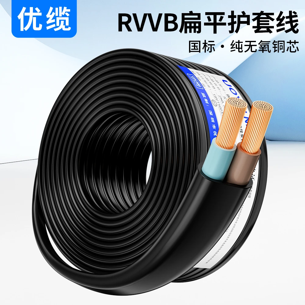 纯铜国标RVVB电源线扁形2芯家用护套线无氧铜白色黑色电缆线软线