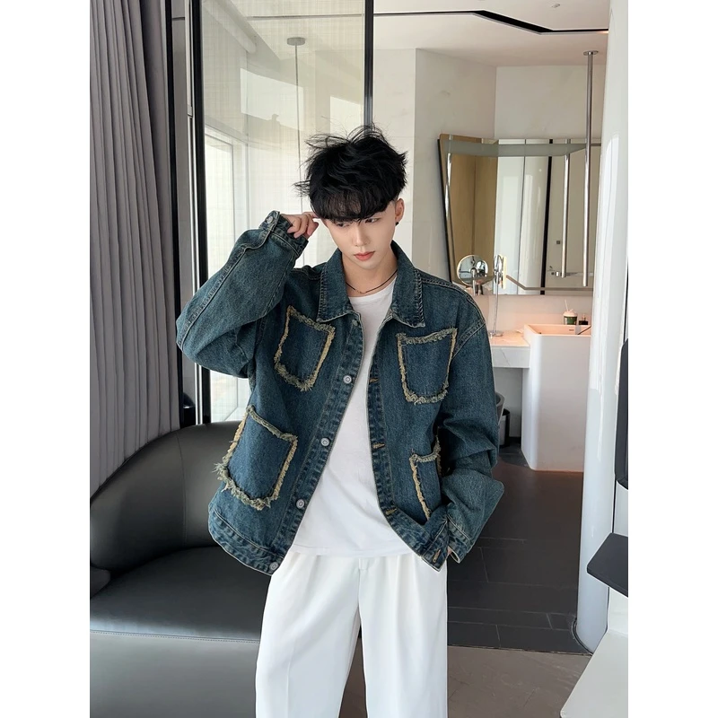 陈大富帅气做旧毛边口袋牛仔春秋季男宽松休闲水洗翻领纽扣夹克潮