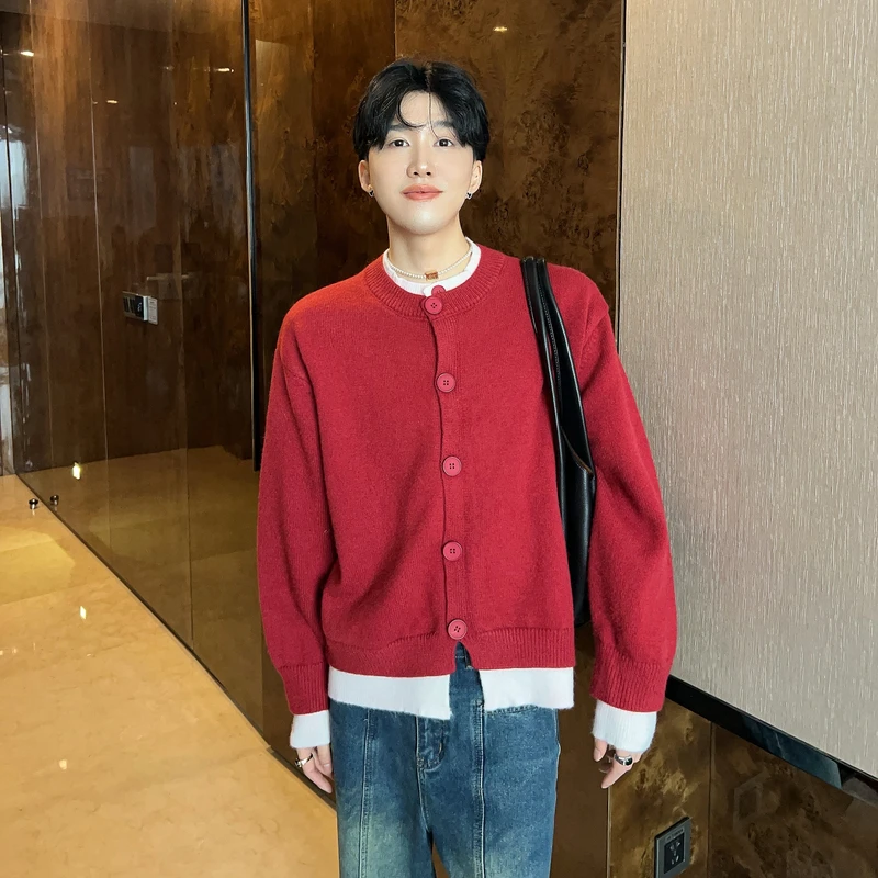 陈大富圣诞红色假两件拼接开衫毛衣男2024复古宽松简约针织上衣潮