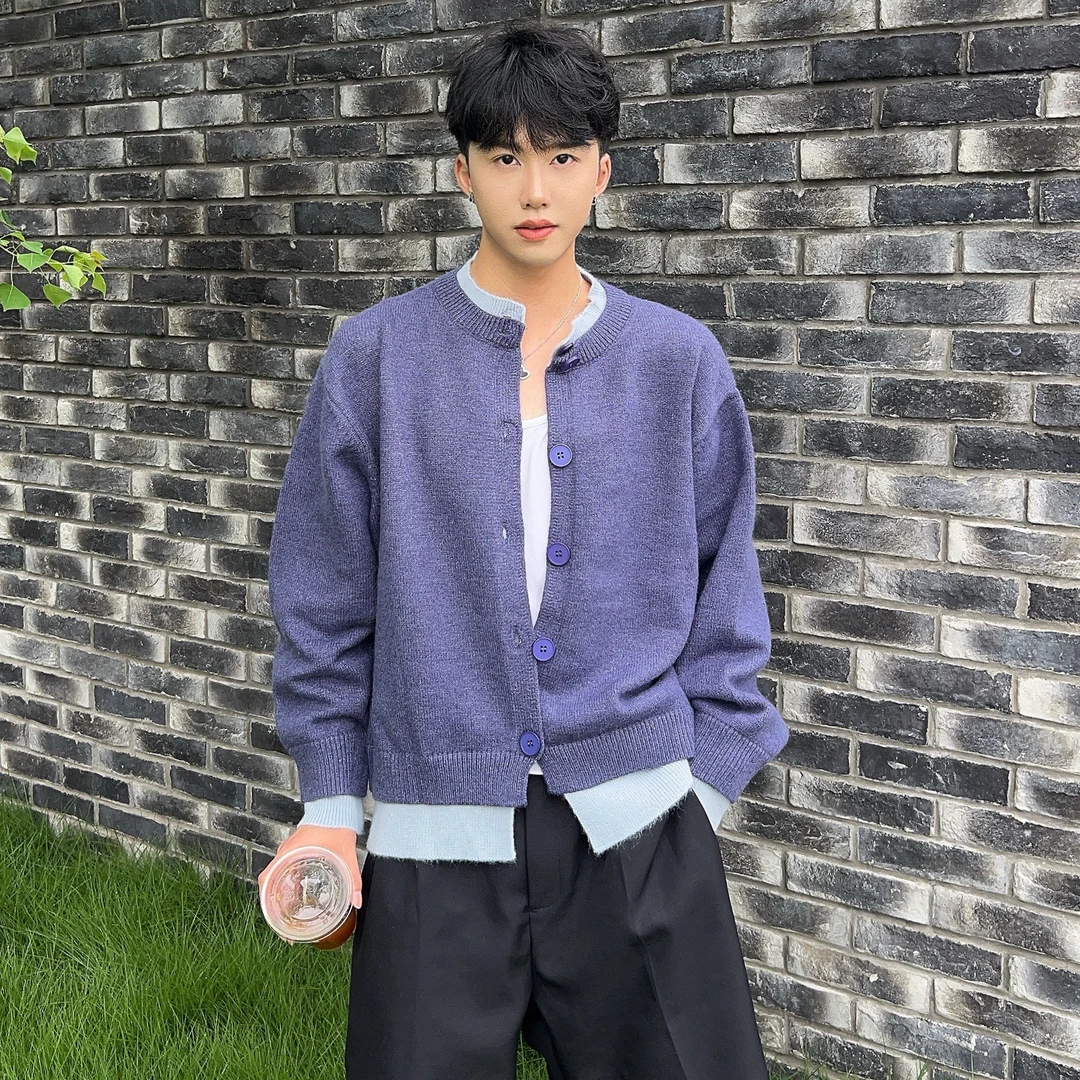 陈大富假两件拼色开衫针织毛衣男2024秋冬韩系慵懒风宽松休闲外套