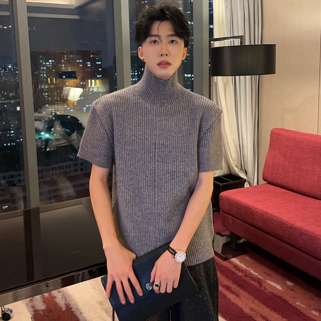 陈大富弹力打底高领针织短袖男秋冬特别有型修身显身材纯色毛衣潮