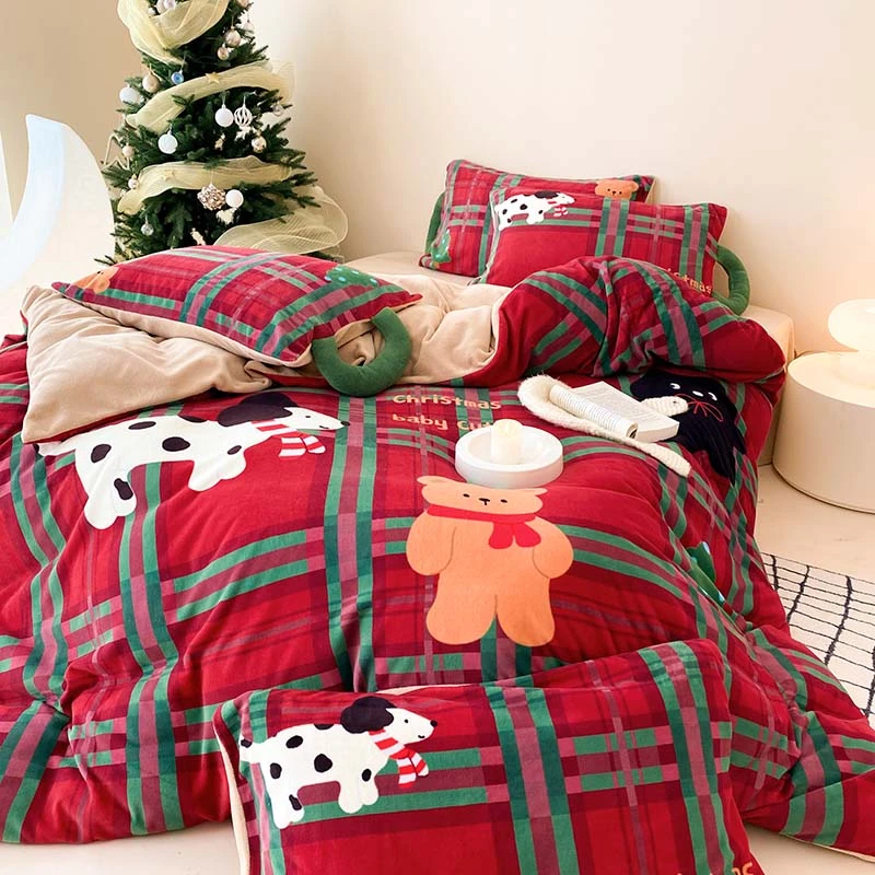 同袍画梦圣诞新款卡通牛奶绒四件套大版印花保暖可爱风宿舍三件套