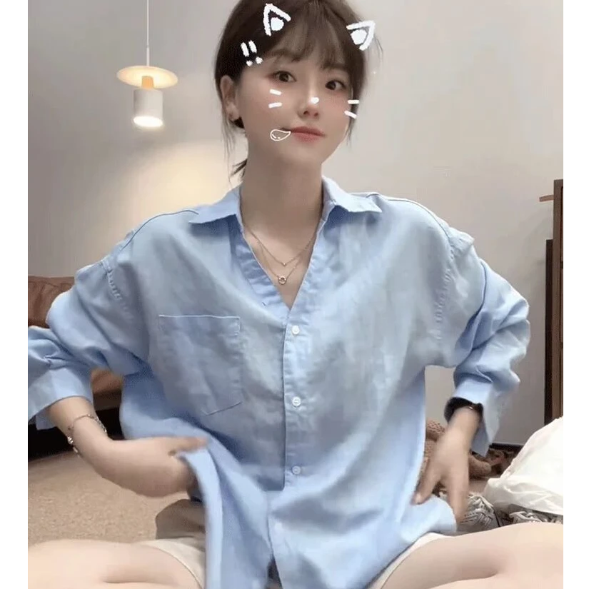 法式韩版百搭棉麻衬衣女休闲超好看蓝色棉麻衬衫薄款宽松显瘦上衣