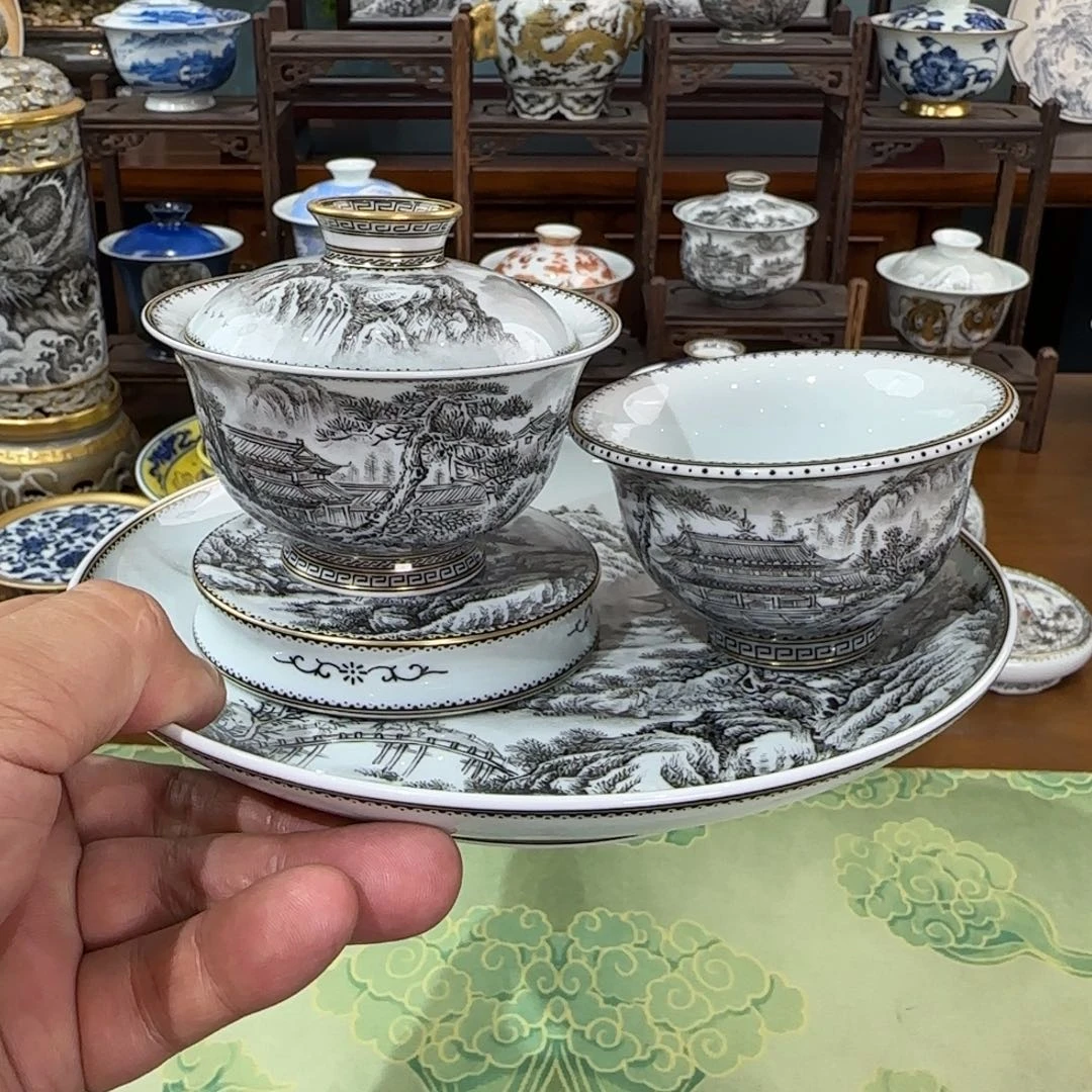 纯手工手绘精工墨彩山水楼阁