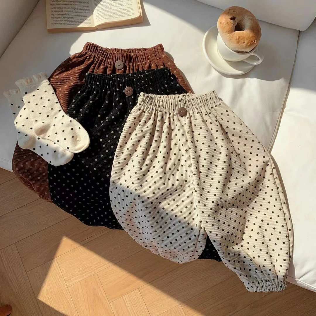 儿童秋季韩系波点灯芯绒萝卜裤男女童简约百搭休闲裤