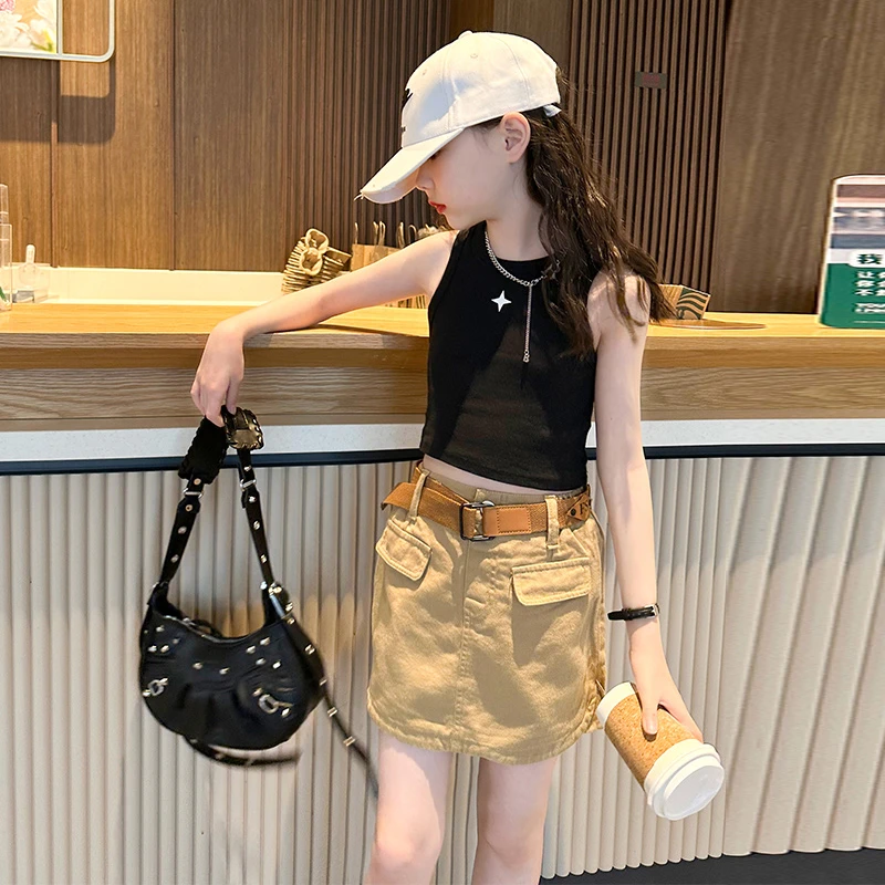 女童夏季短袖短裤两件套洋气新款中大童时髦百搭牛仔短裙时尚显瘦