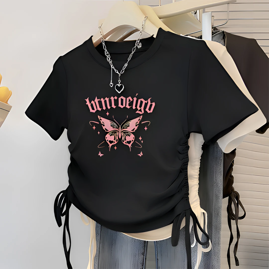 女童短袖t恤夏季新款女孩中大童抽绳设计感百搭爆款星星印花上衣