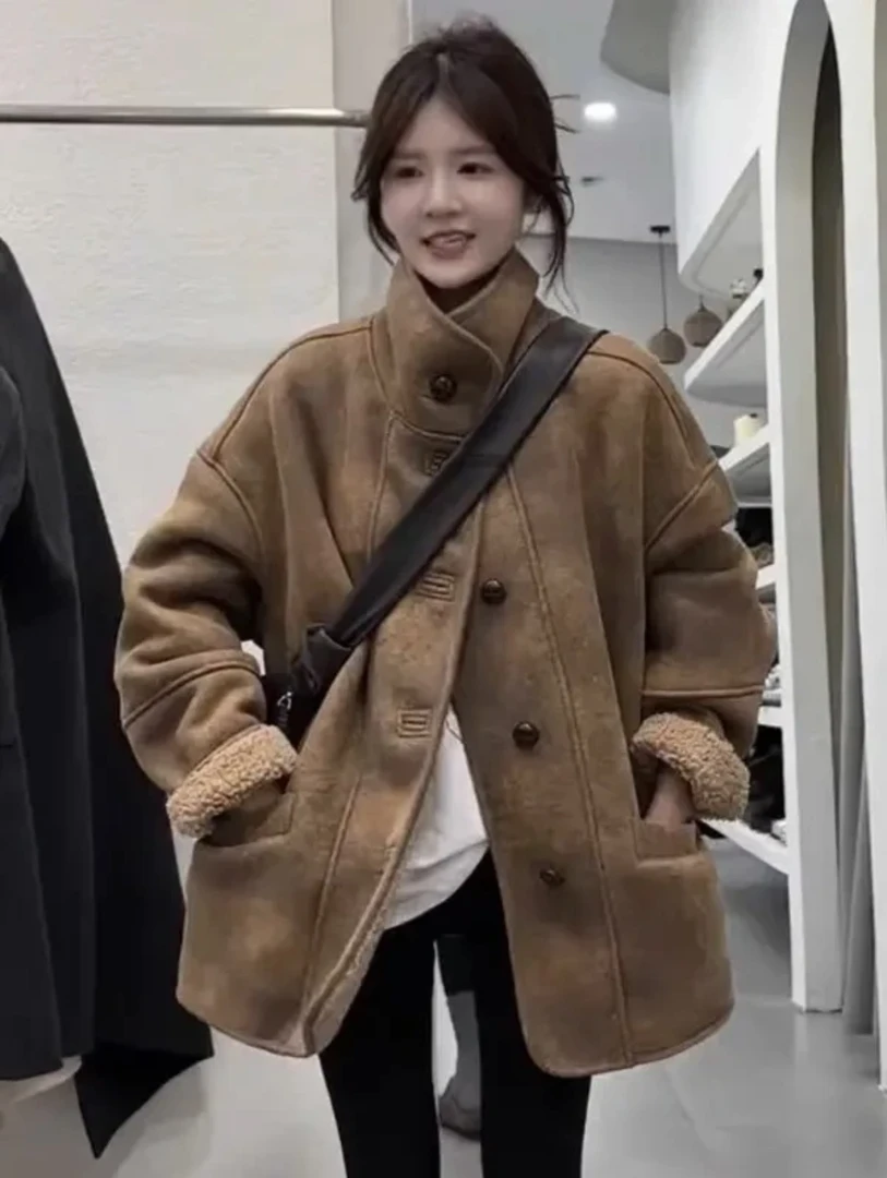 韩系羊羔毛外套中长款女加绒加厚秋冬2024秋冬新款高级感小个子