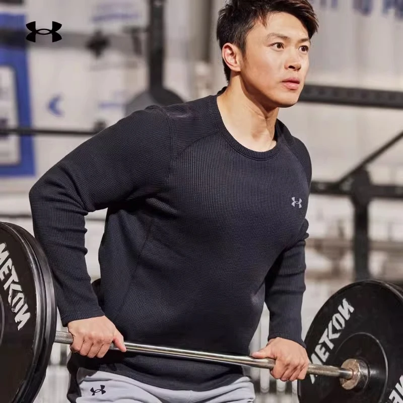 安德玛长袖T恤男装华夫格纹透气舒适休闲圆领运动卫衣打底套头衫