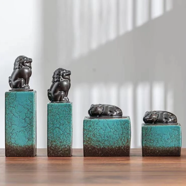 祥瑞兽复古粗陶长形方形茶叶罐窑变石狮大小号存茶储物罐茶道密封