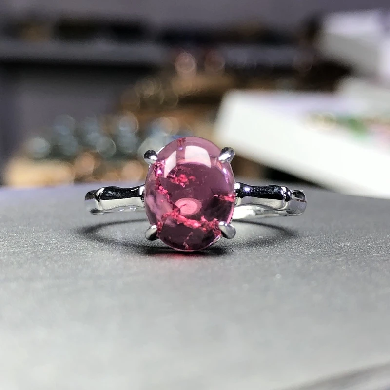 11114 冰花切玫红碧戒指银色托开口可调节时尚轻奢镶嵌椭圆形